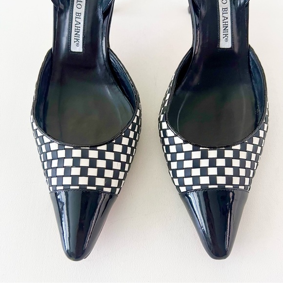 MANOLO BLAHNIK | Black White Cap Toe Woven Leather SlingBack Pointed Pumps - Picture 5 of 16